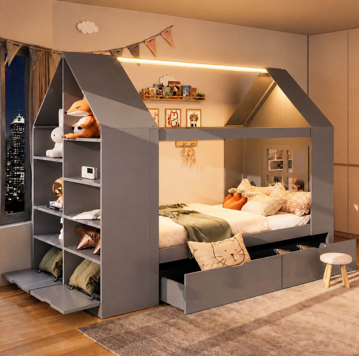 COVREO Bed 90x200 cm grijs, van hout en MDF met 2 opberglades en LED