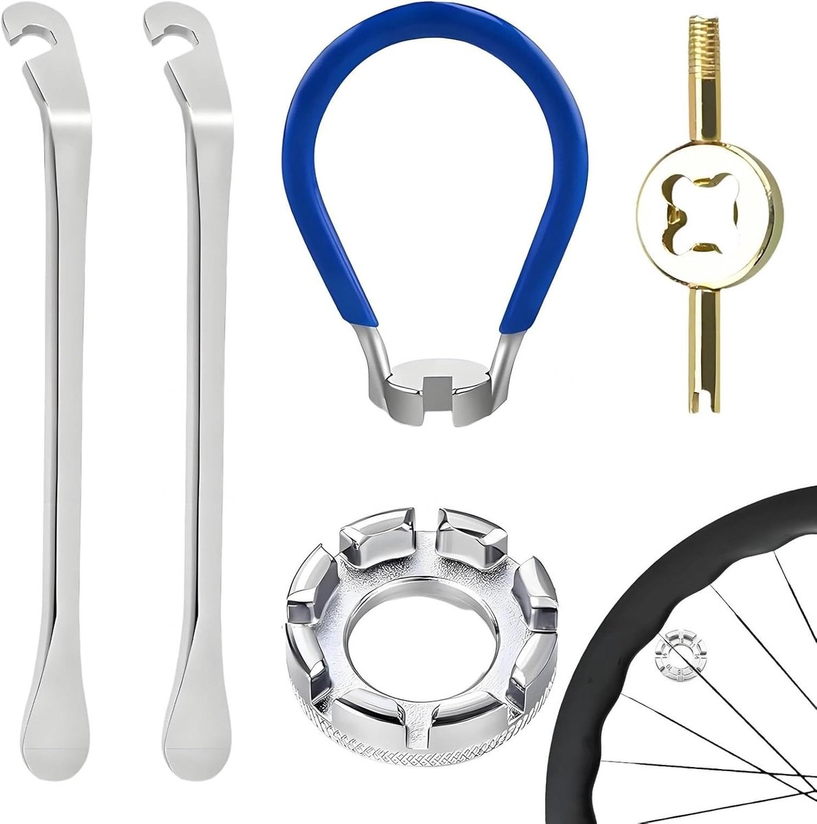Set van 5 Spaak Sleutels en Spanningstools voor Fietsen, Inclusief Nippel Spanningstool en Tandwielverwijderaar, Ideaal voor Fietsreparatie en Onderhoud