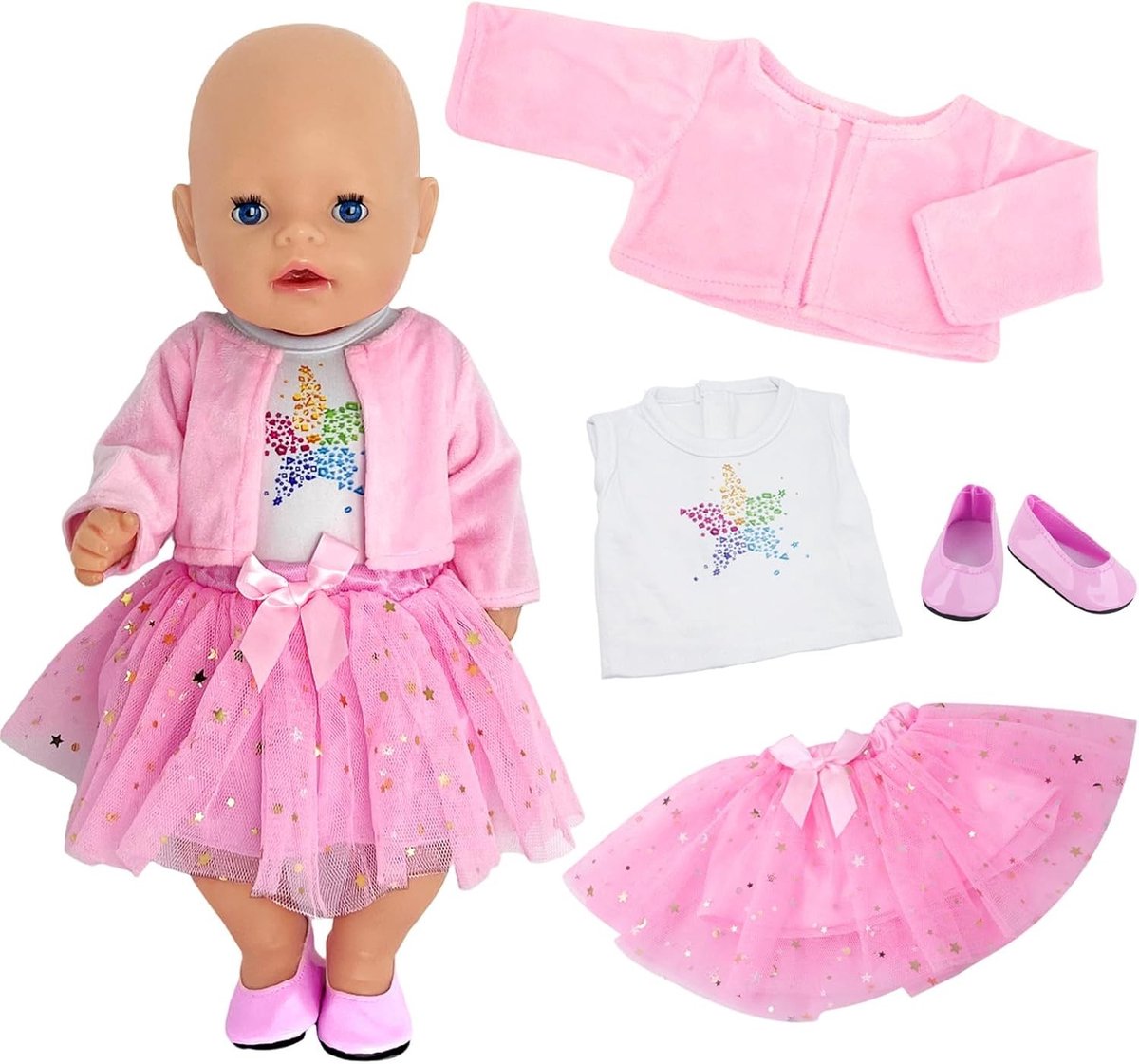 Kleding voor Poppen van 35-43 cm, 4-delige Set met Gebreide Jas, Tutu Rok en Leren Schoenen, Perfect als Cadeau voor Meisjes