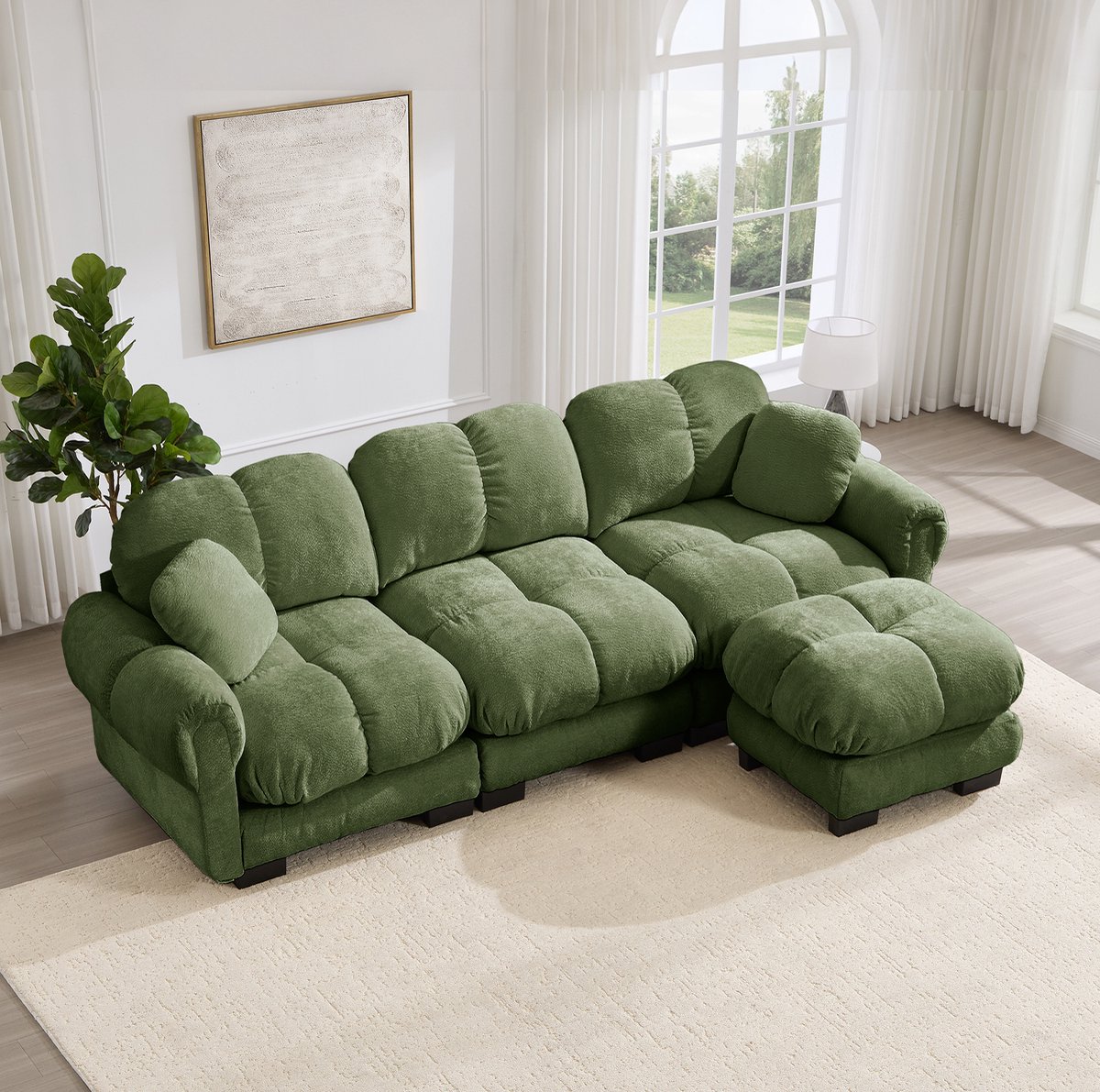 OKWISH Hoekbank 260 x 149 x 90 cm – 3-Zits L-Vormige Bank Met Mobiele Ottomane – Dikke Zitkussens & 2 Sierkussens – Chenille – Groen