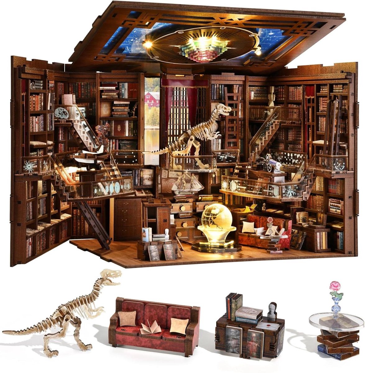 Miniatuur Bouwpakket - Boekenplank Decoratie - Hobby Project - Met LED Verlichting - 18 x 11 x 22 cm - Bruin