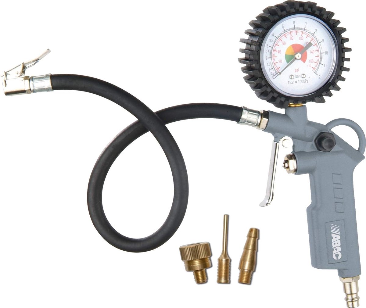 SnelShoppen - 3-delig bandenvulpistool voor compressor G-580 met bandenspanningsmeter, bandenpomp met manometer en 3 ventieladapters, max. druk 8 bar