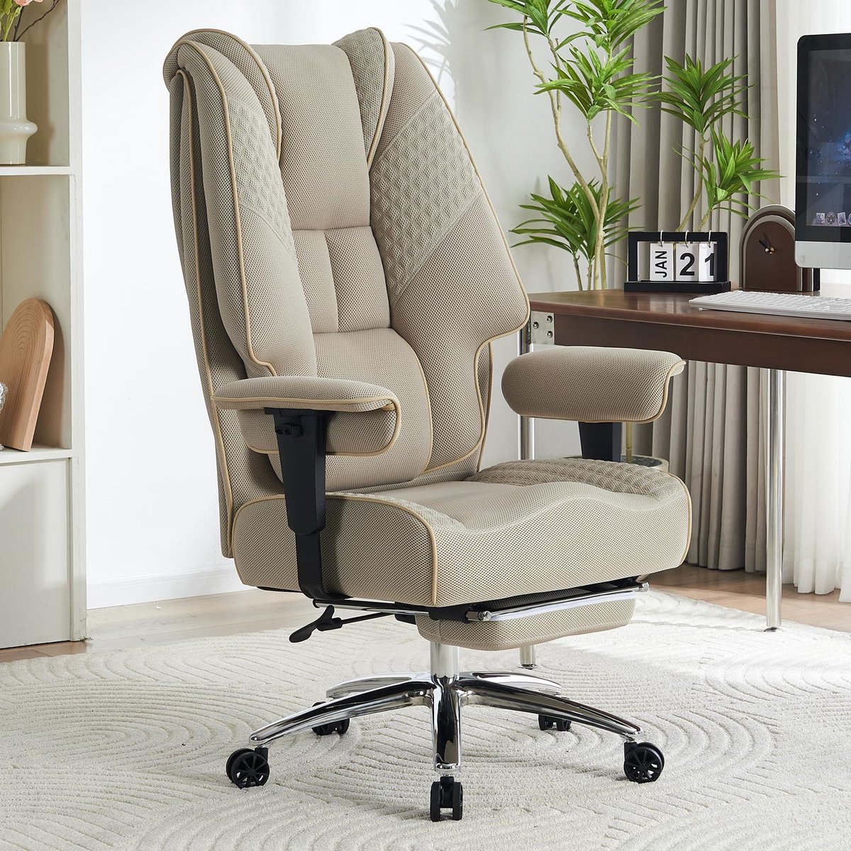 SnelShoppen - Ergonomische Bureaustoel 200kg - Luxe Directiestoel met Voetensteun - Slijtvast PU Leer & 3D Reliëf - Extra Brede Zitting (57,5cm) - Lic