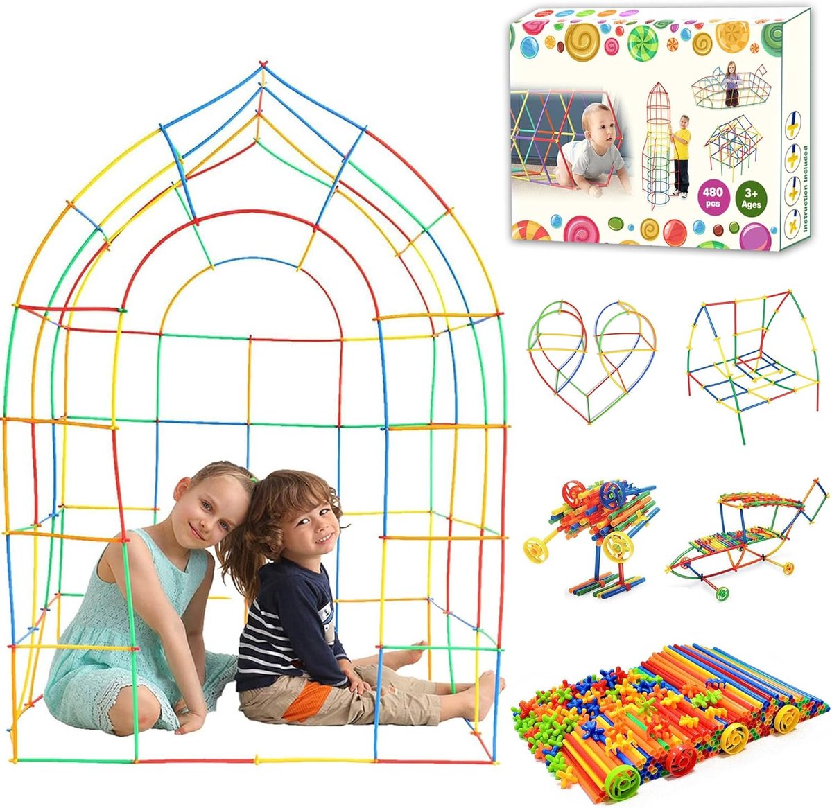 SnelShoppen - Kids Fort Building Kits - Bouw je Eigen Huis, DIY Constructie Speelgoed voor Binnen en Buiten, 480 Stukken, Creatief Speelgoed voor Kind
