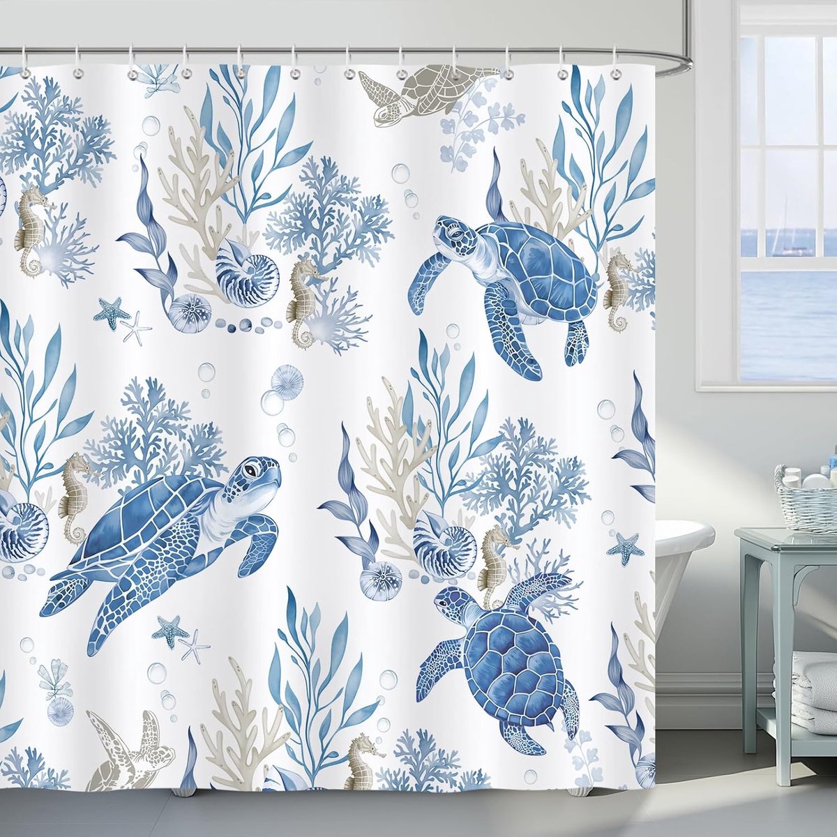 SnelShoppen - Douchegordijn Zeeschildpad Oceaan Strand Maritiem Blauw 180x180 cm Waterdicht Anti-Schimmel Polyester Wasbaar Badkamergordijn Inclusief