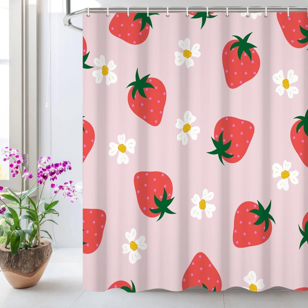 SnelShoppen - Schattig Aardbeiendouchegordijn 180x180cm met 12 Haken - Waterdicht Roze Vruchten Douchegordijn voor Badkamer Decoratie