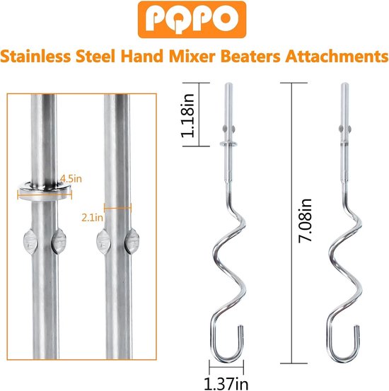 2 Stuks Handmixer Deeghaak van RVS - Vervangingsonderdelen voor Handmixers, Keukenaccessoires voor Bakken — afbeelding 4