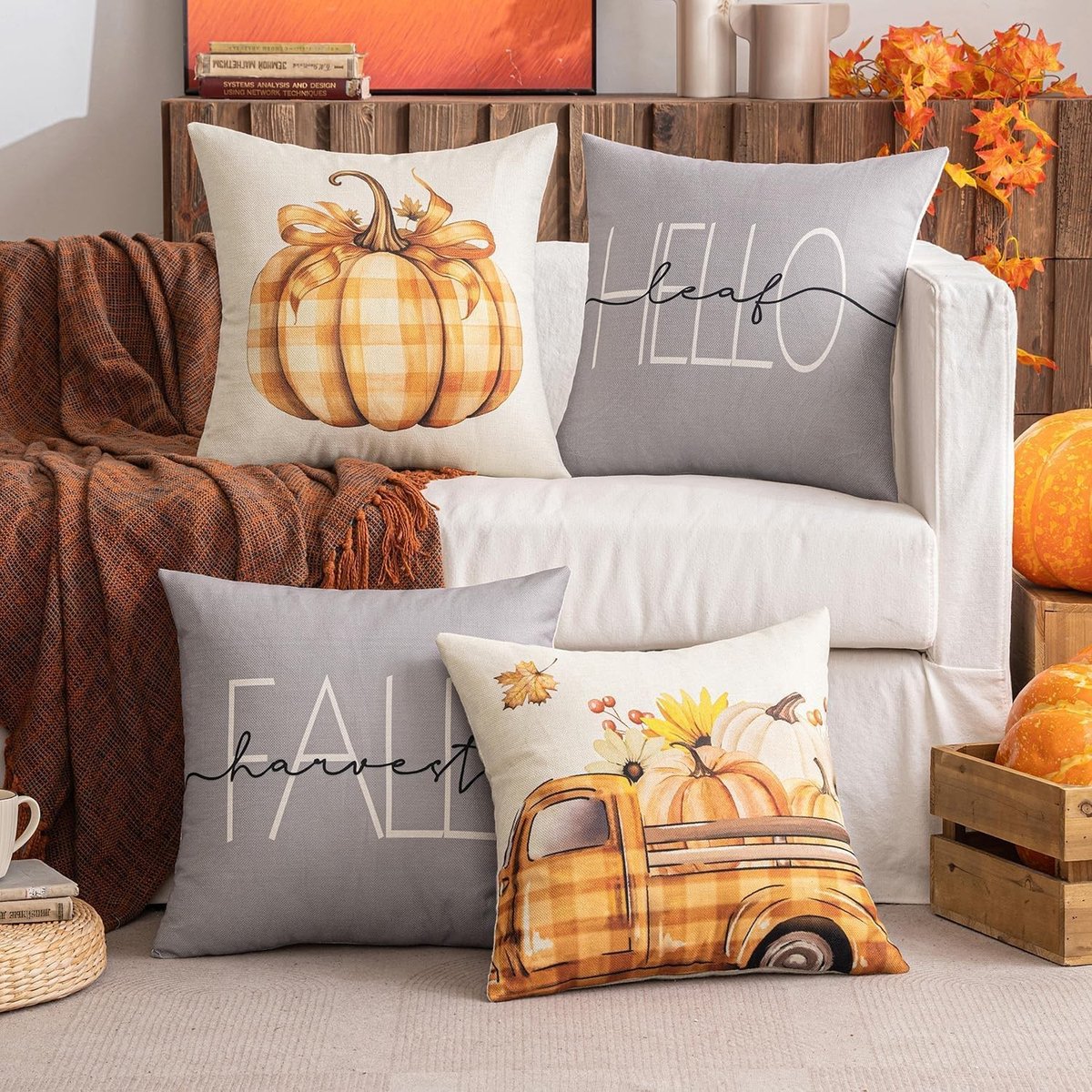 Set van 4 Herfst Kussenhoezen Decoratieve Kussens Geometrisch Ontwerp voor Bank en Slaapkamer 45 x 45 cm, Ideaal voor Woonkamer en Interieurdecoratie