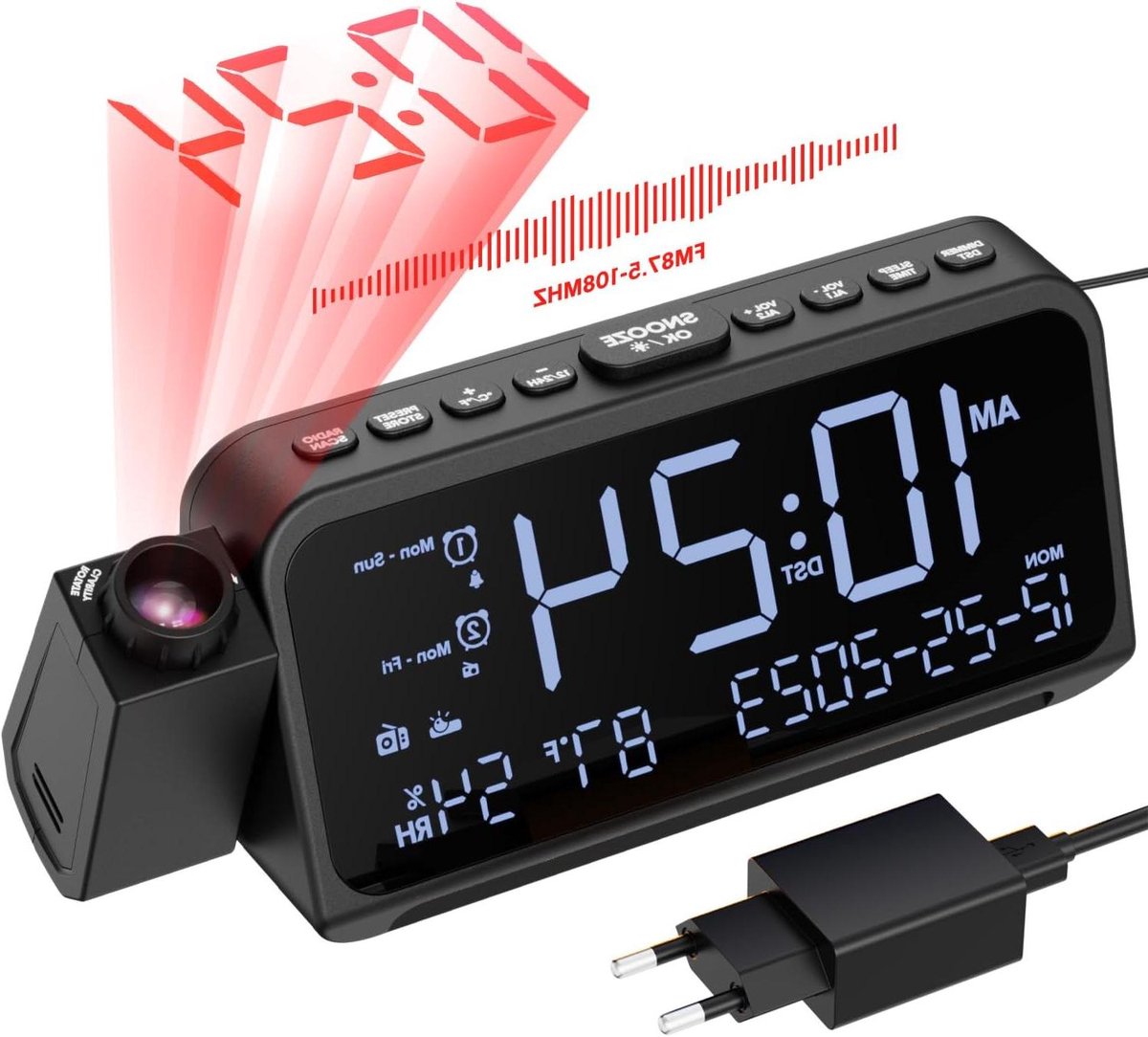 Radiowekker met Projectie - Digitale Klok - Wakker Worden - Dubbele USB Oplader - 5.9 Inch Display - Zwart