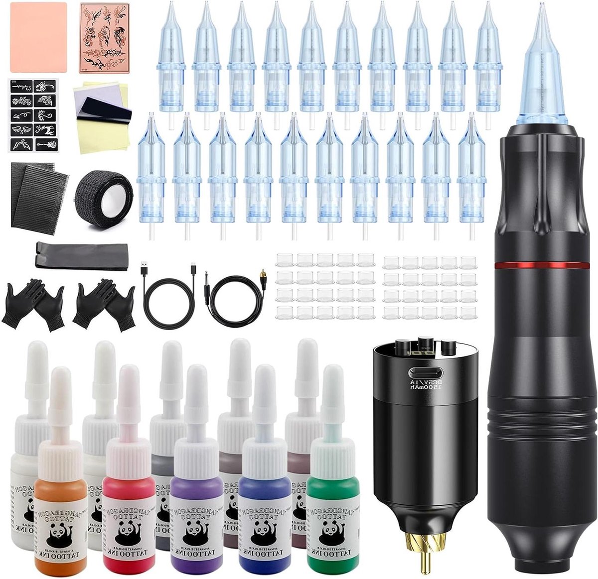 Tattoo Machine Set - Roterende Pen - Professioneel Tatoeëren - Draadloze Vrije Beweging - 20 naalden 10 inkten - Zilver