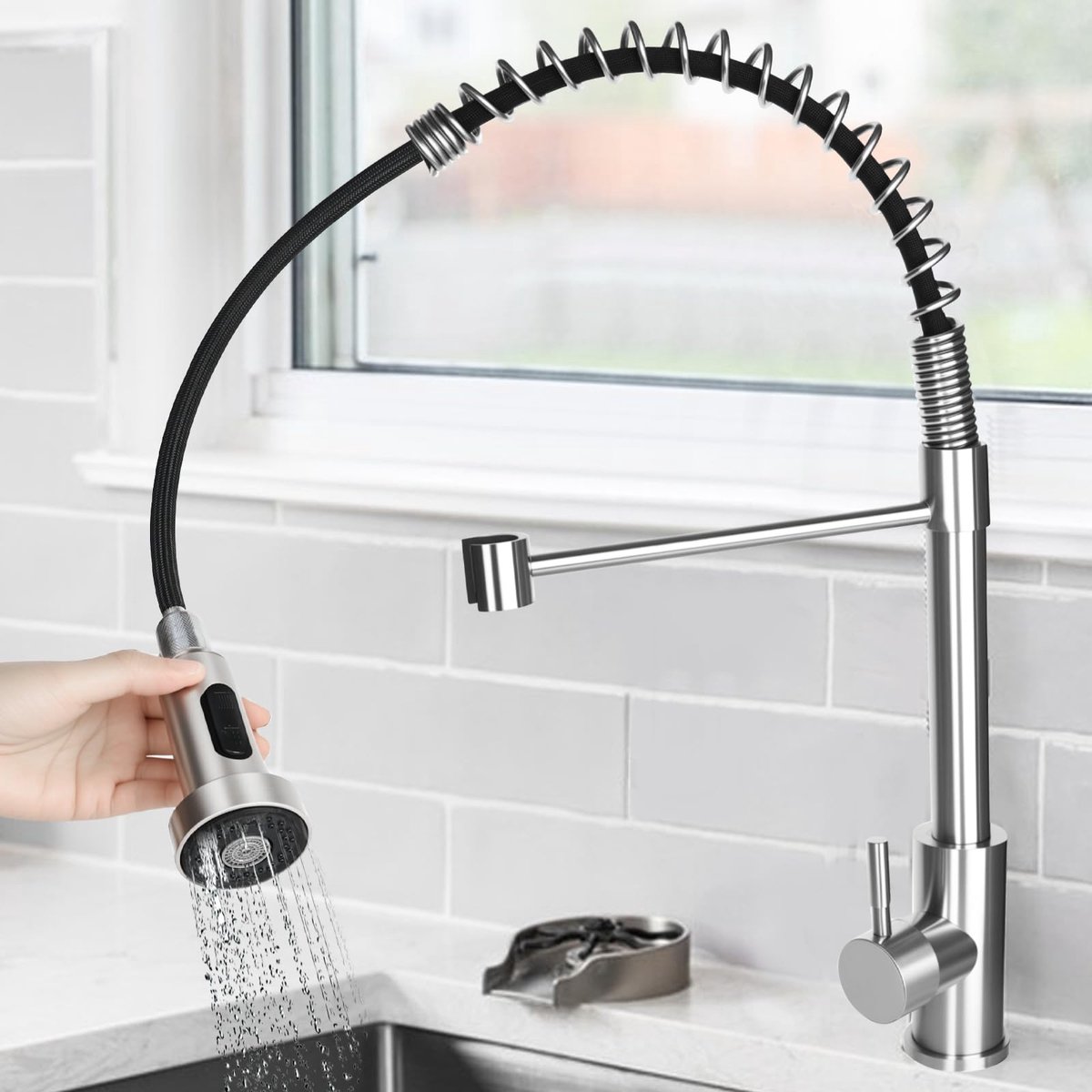 SnelShoppen - RUCUDIM Waterkraan Keuken, Uittrekbaar, Roestvrij Staal, Lage Druk Mengkraan, Hoge Boog, 360 Graden Draaibaar, 2 Sproeifuncties, Spiraal