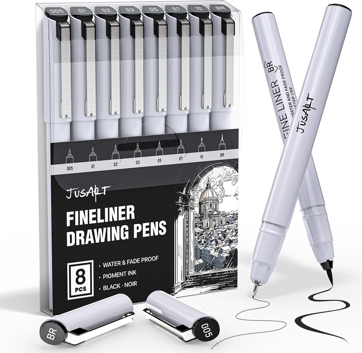 JusArt Fineliner Pens 8 Sizes Ultra Fine Fine Tip and Brush Waterproof Black Pigment Ink Drawing Pens for - ShopVlot
