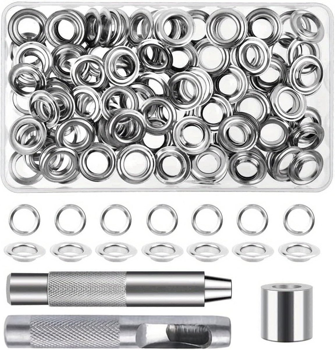 SnelShoppen - 100 Stuks 6 mm Gereedschapsset voor Ogen, Zilverkleurige Metalen Oogtang, Ideaal voor Doe-Het-Zelf Kleding, Leer, Tent, Waterdicht Zeil