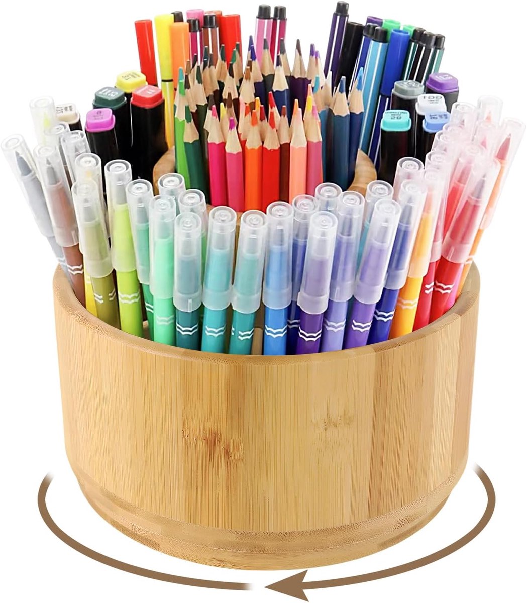 SnelShoppen - Pennenhouder van Hout, 360 Graden Draaibaar, Grote Capaciteit voor Potloden, Kleurpotloden en Schrijfwaren, Houtkleurige Pennenorganizer