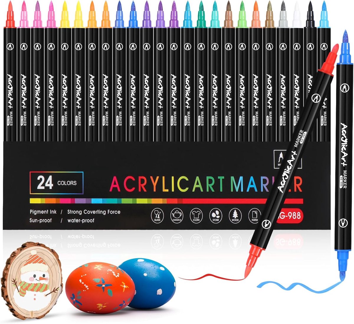 SnelShoppen - 24 Acrylstiften met Dubbele Punt voor Knutselen en Doe-Het-Zelf, Penseel- en Ronde Punt, Waterdicht voor Stenen, Glas, Keramiek, Kunstst