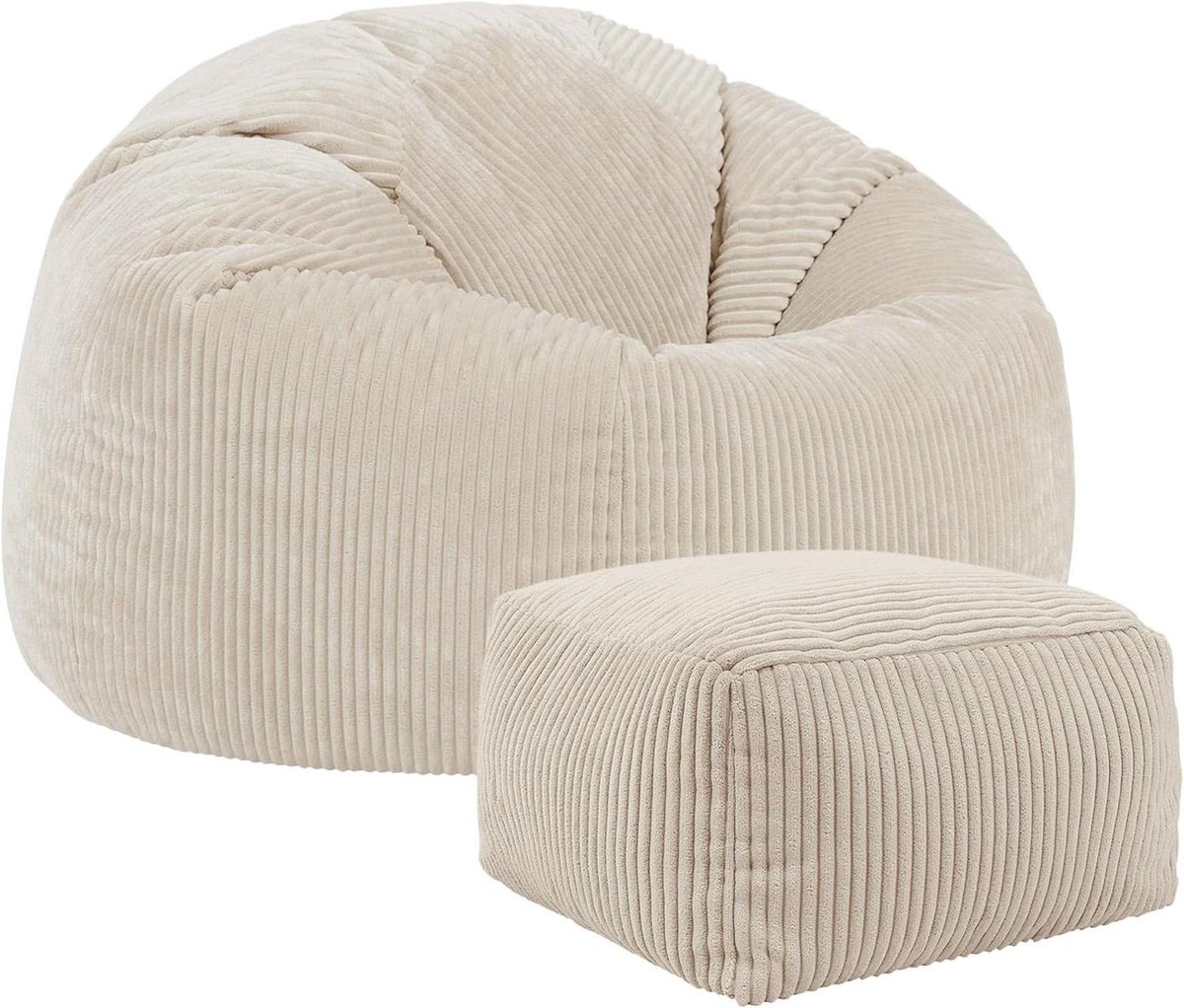 Zitzak met Voetenbank - Beanbag stoel - Ontspannen thuis - Zachte corduroy stof - 85x85x50 cm - Beige