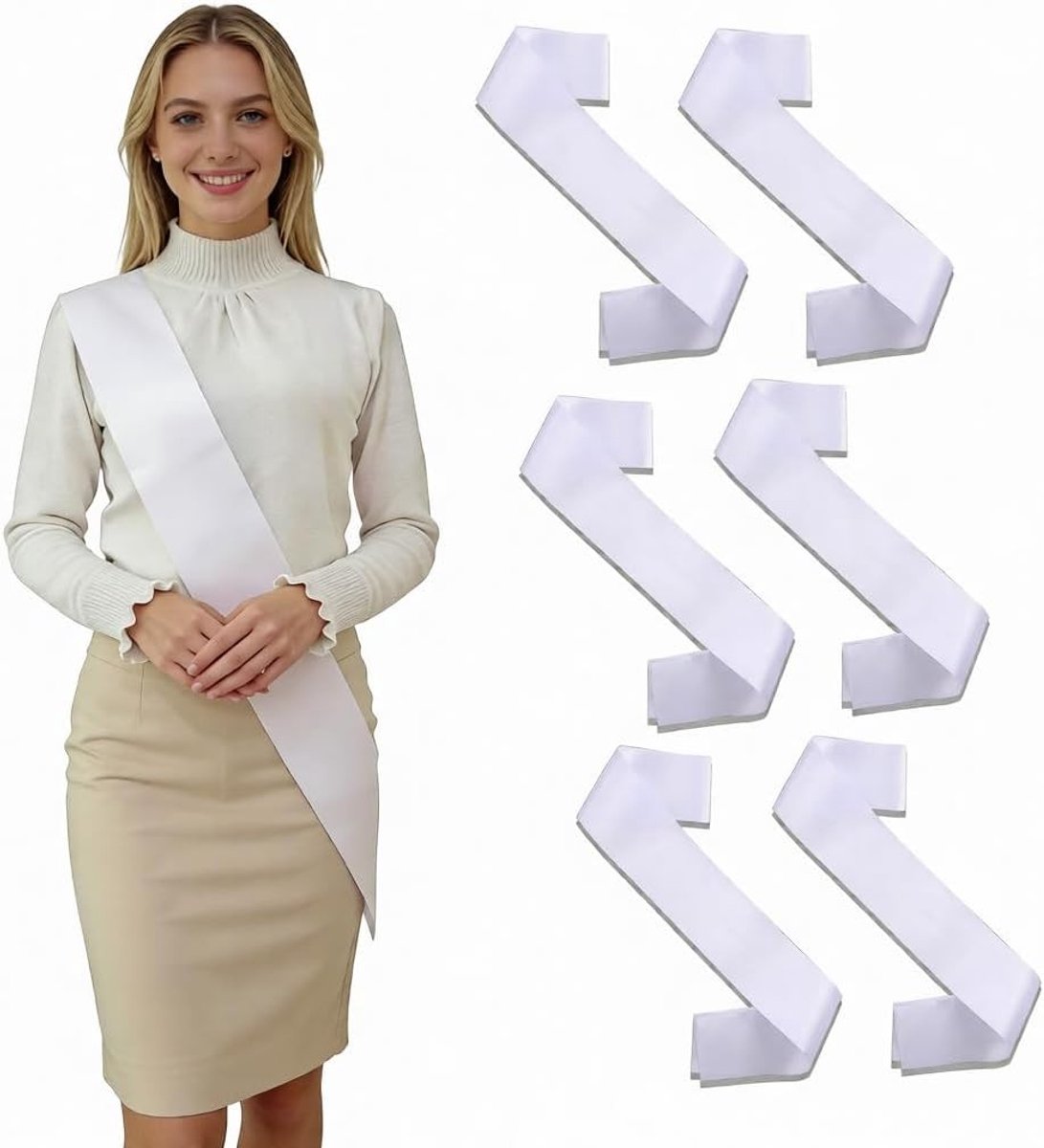 Zes Stuks Onbedrukte Satijnen Sjerpen, DIY Feestaccessoires voor Verjaardagen, Bruiloften en Feestjes