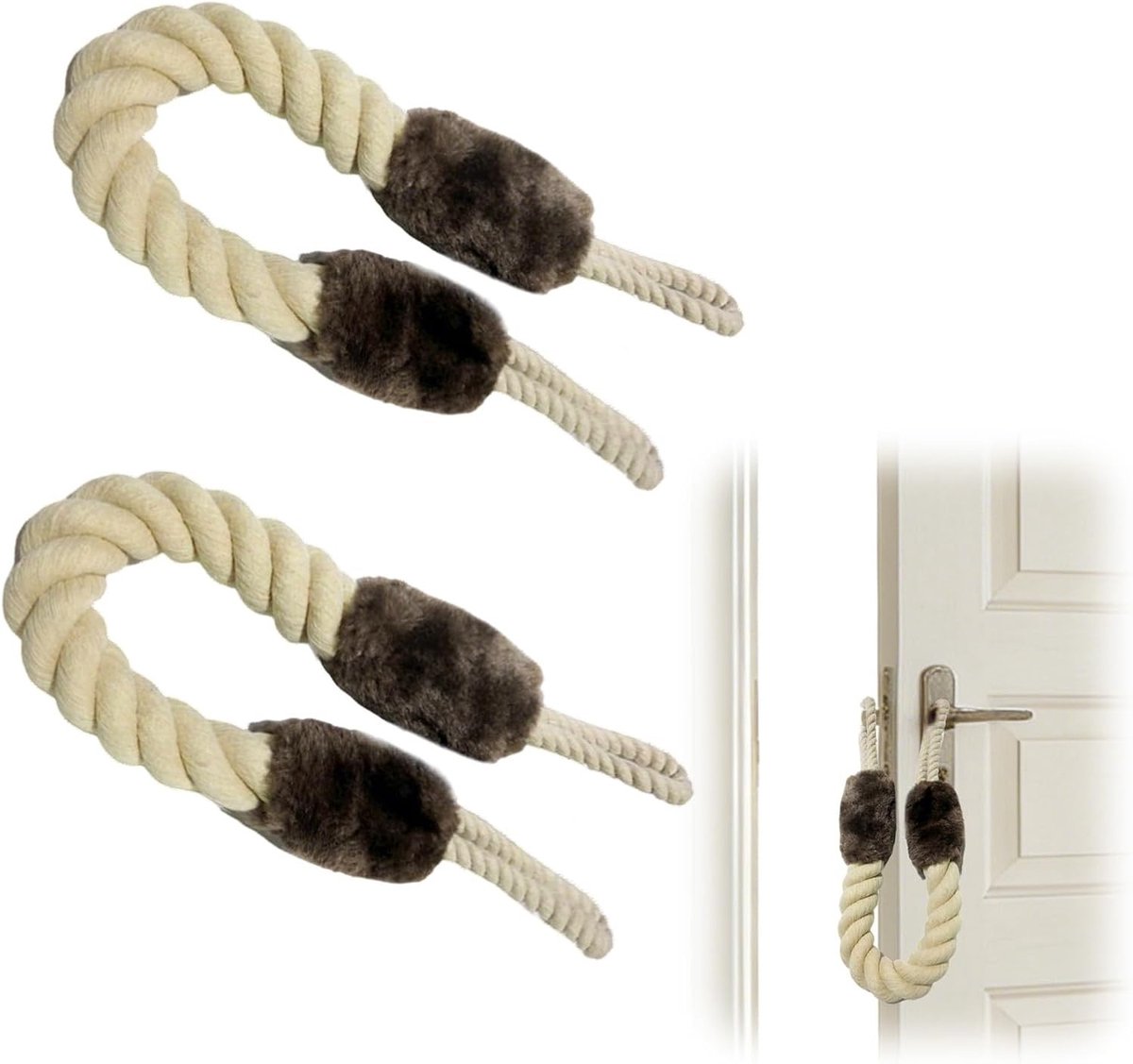 Deurkoord en deurstopper set van 2, katoenen klembescherming voor veilige deuren, vingerbescherming voor baby's en huisdieren, voorkomt deurafelen en letsel (bruin)