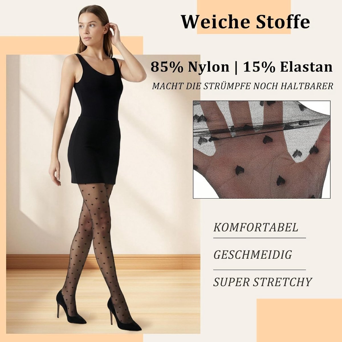 Zwarte Panty met Hartjespatroon - Fijne Kousen met Transparante Hartafdruk voor Carnaval en Valentijnsdag