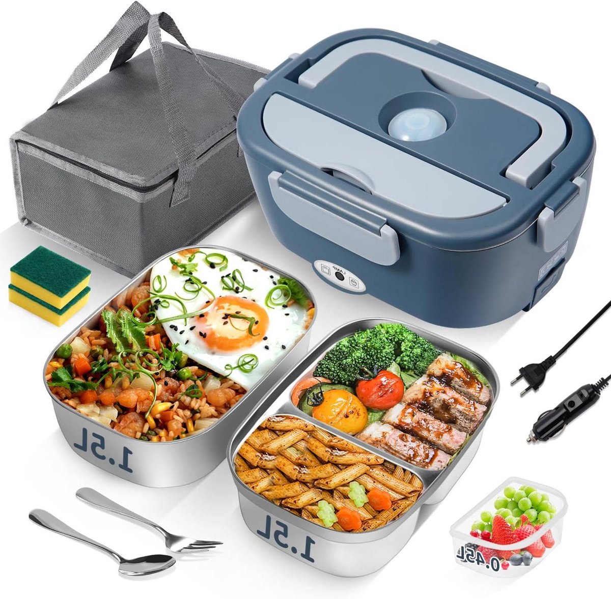 Elektrische lunchbox - Warmhoudbox - Warme maaltijd onderweg - Snelle 25-minuten verwarming - 1.5 Liter capaciteit - Grijs