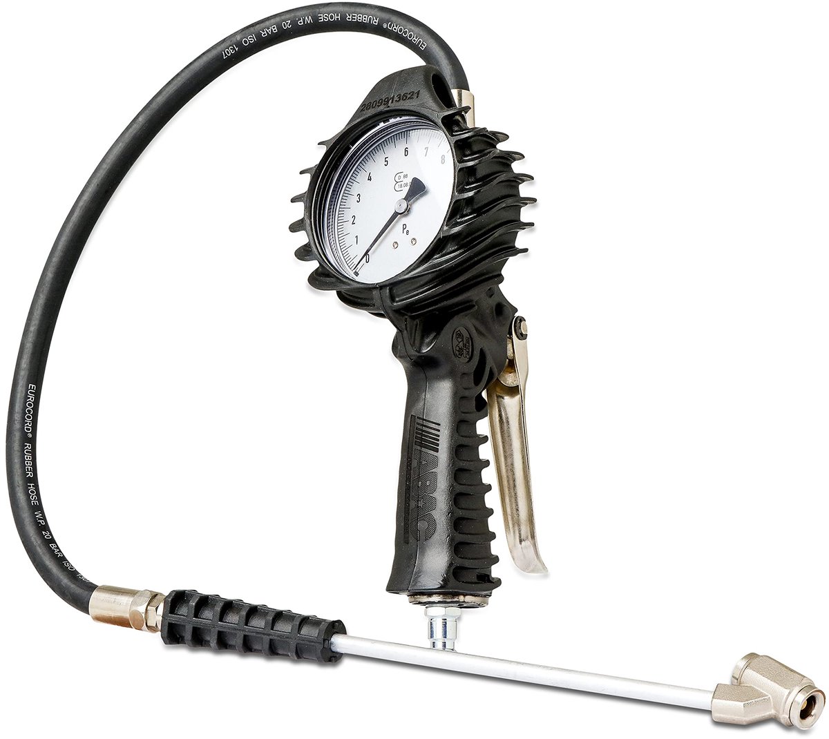 SnelShoppen - Professionele Bandenpomp met Manometer 80 mm, Dubbele Ventielaansluiting voor Vrachtwagens en Bussen, Slang 1,5 m, CEE-goedkeurd, Max 12