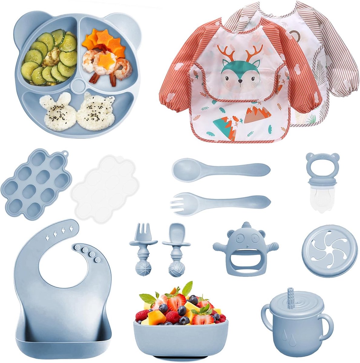 SnelShoppen - 14-delige siliconen babyserviesset, kinderservies, antislip met zuignap, babyborden, kom, slabbetje, lepel, vork, drinkbeker, fruitzuige
