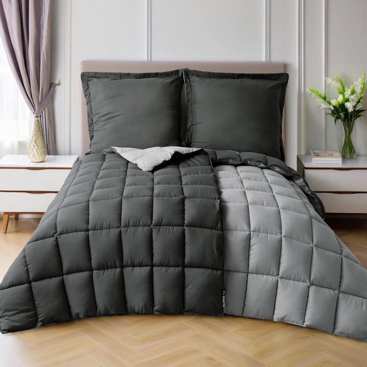 Beddengoedset 4-delig grijs - 2 x dekbed 135 x 200 cm - 2 x kussenslopen 80 x 80 cm - Oeko-Tex-gecertificeerd - ShopVlot
