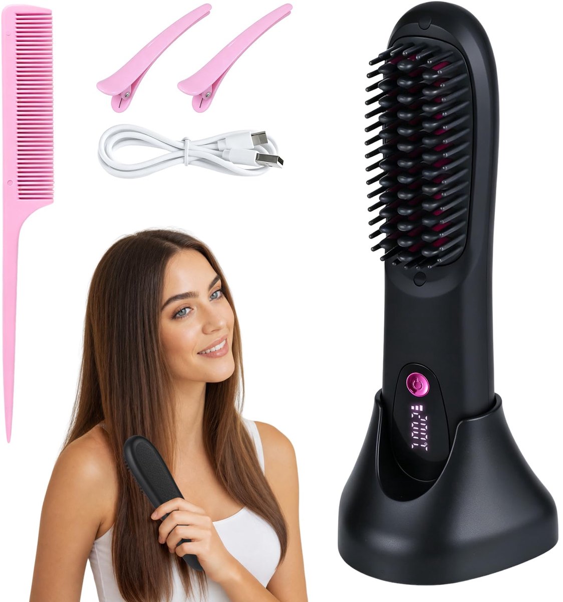 SnelShoppen - Draadloze Haargladmakende Borstel met Oplaadstation, Professionele Haarverzorging, Geschikt voor Alle Haartypes, Compact en Draagbaar, I