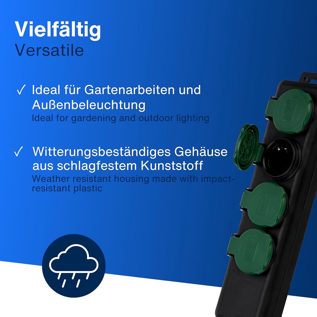 SnelShoppen - Buiten Power Strip IP44 Tuin Stekkerdoos voor LED Sfeerverlichting 1.4m Max 3500W Zwart - 4 Uitgangen