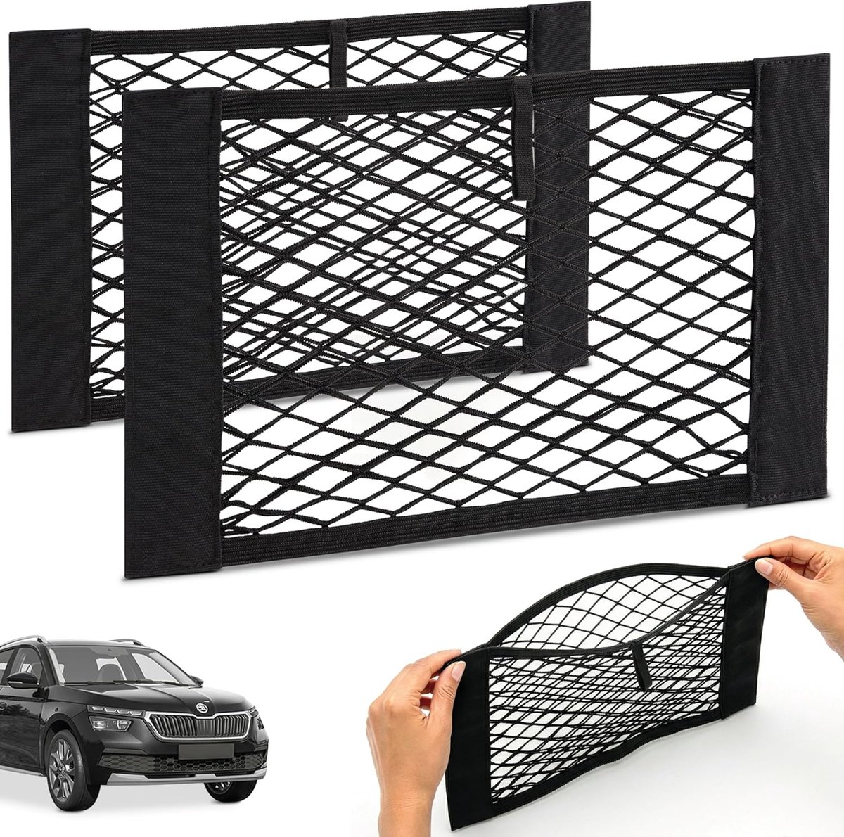 SnelShoppen - Kofferbaknet voor de auto met klittenband • Opbergnet voor auto • Kofferbaknettas 40x25 cm set van 2 • Ideaal voor bewaren en opbergen v