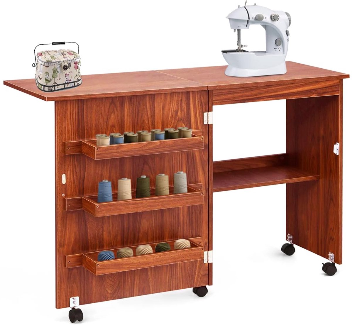 SnelShoppen - Shally Opvouwbare Naaimachinekast met 5 Zwenkwielen, Inklapbare Houten Naaitafel, Ruimtebesparend, Intrekbare Strijkplank, Multifunction