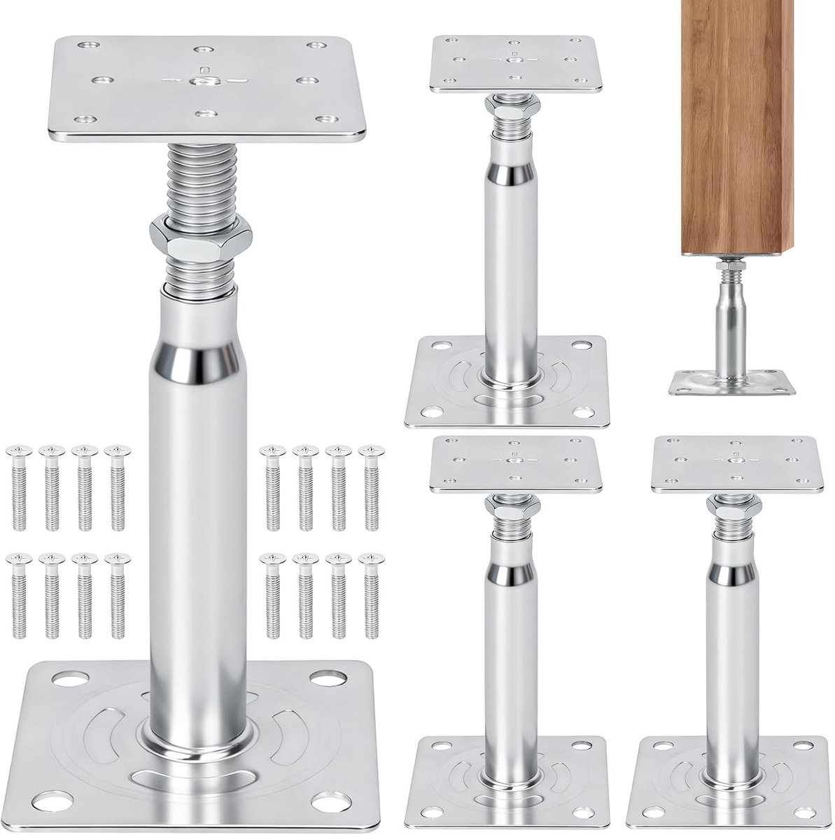 SnelShoppen - Verstelbare Houtpaalsteun 140-200 mm - 4 Stuks Thermisch Verzinkt - Schroefbenen voor Tuin, Overkappingen, Carports en Pergola's - Zilve