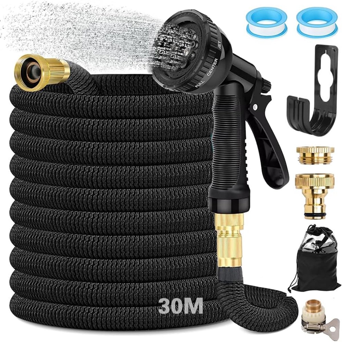 SnelShoppen - Flexibele tuinslang 30 m rekbaar met 8 sproeifuncties, 1/2 inch tot 3/4 inch voor tuinirrigatie, autowassen, gieten en meer
