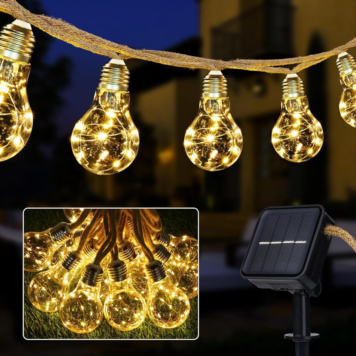 SnelShoppen - Lichtsnoer op zonne-energie voor buiten, 7,5 m met 16 gloeilampen, weerbestendige LED-lichtketting vintage warmwit voor tuin, balkon, fe