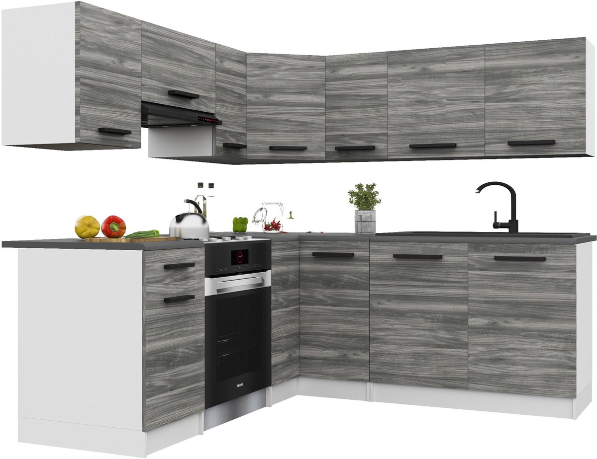 BELINI Keukenblok ITALIA 6 - Keukenmeubel Set 360 cm Grijs Glamour met Werkbladen - Boven- en Onderkasten