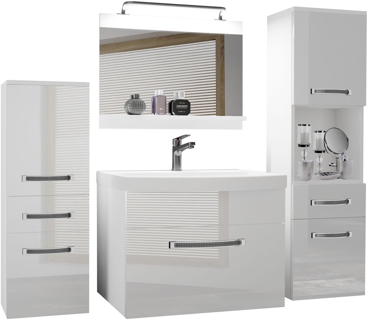 BELINI Badkamermeubel Set GLA P 5 - Badmeubelset 140 cm Wit Hoogglans met Wastafel, Spiegel en LED Lamp - Wandmontage