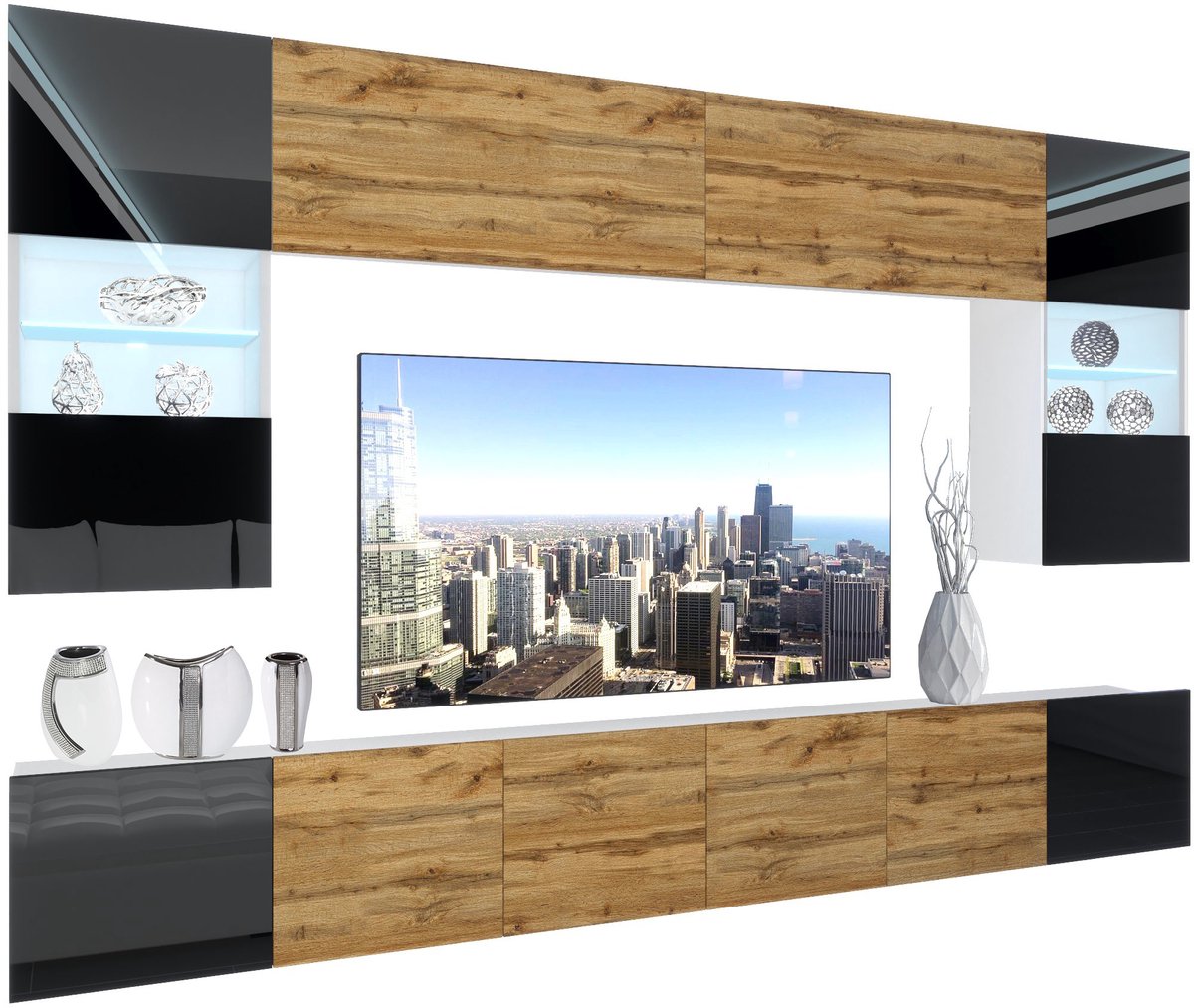 BELINI Wandmeubel NEX 1 - TV-Wandkast Set met LED-Verlichting Zwart / Wotan Eiken - Hoogglans Fronten
