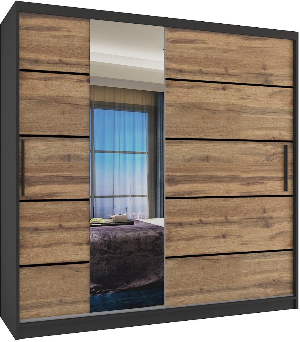 BELINI Verona MBP Schuifdeurkast 200 cm Zwart/Goudbruin Mat - Kledingkast met Spiegel - Comfort Line Slaapkamerkast