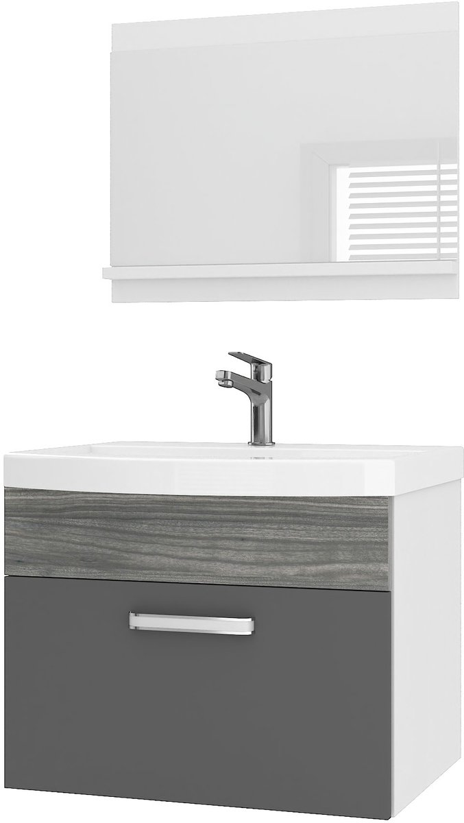 BELINI Badkamermeubel Set PRI PM1 - Badmeubelset 60 cm Grijs Glamour Hoogglans met Wastafel en Spiegel - Wandmontage
