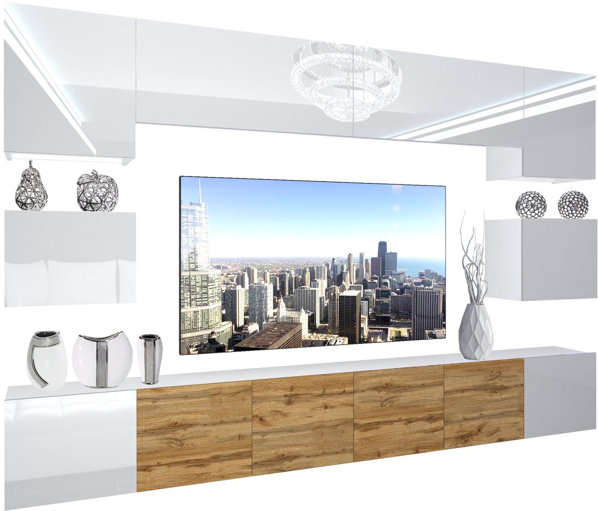 BELINI Wandmeubel NEX 3 - TV-Wandkast Set met LED-Verlichting Wit / Wotan Eiken - Hoogglans Fronten