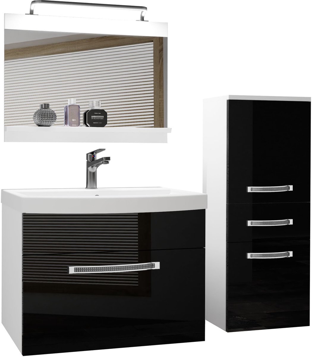 BELINI Badkamermeubel Set GLA P 2 - Badmeubelset 100 cm Zwart Hoogglans met Wastafel, Spiegel en LED Lamp - Wandmontage