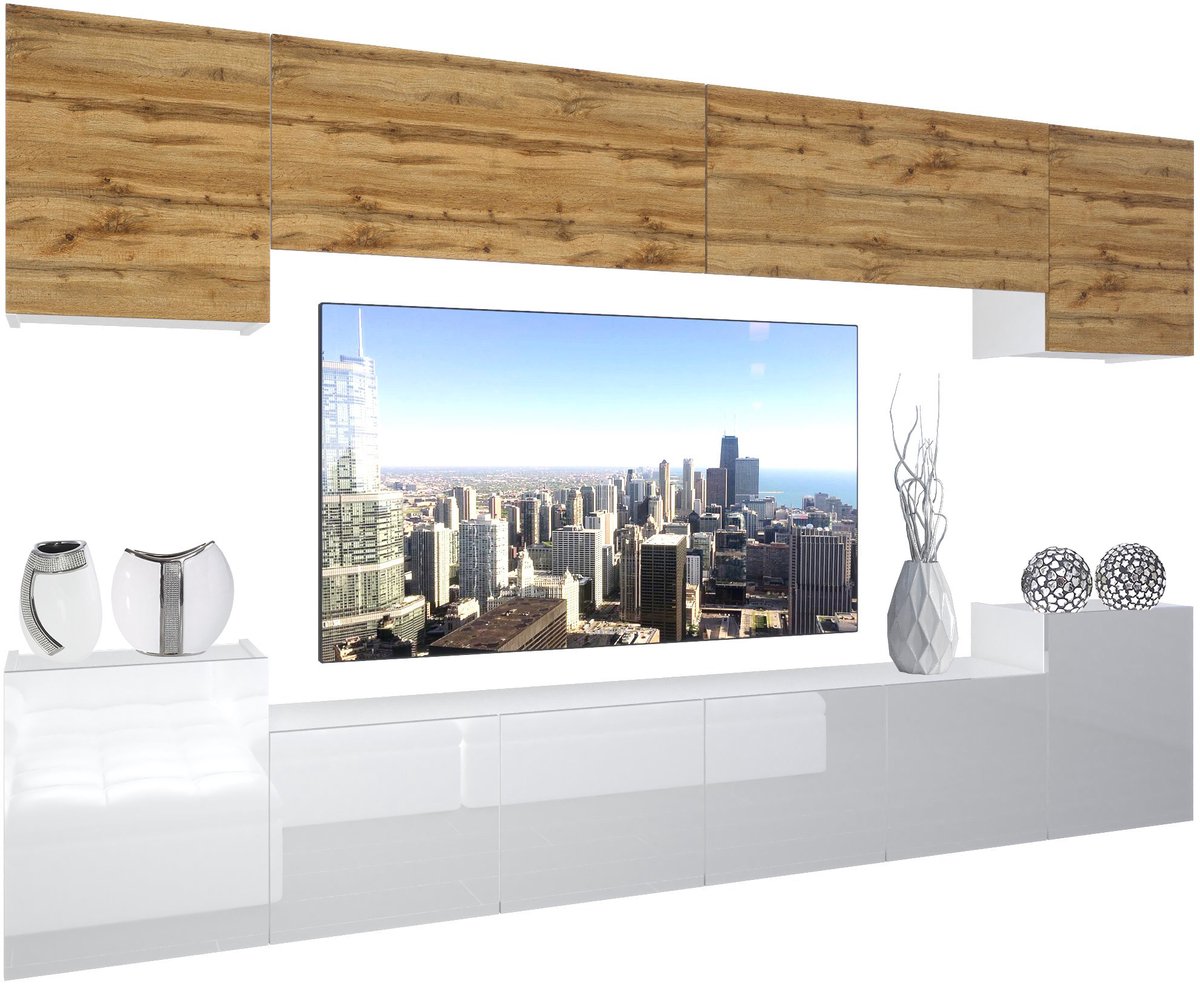 BELINI Wandmeubel NEX 4 - TV-Wandkast Set met LED-Verlichting Wotan Eiken / Wit - Hoogglans Fronten