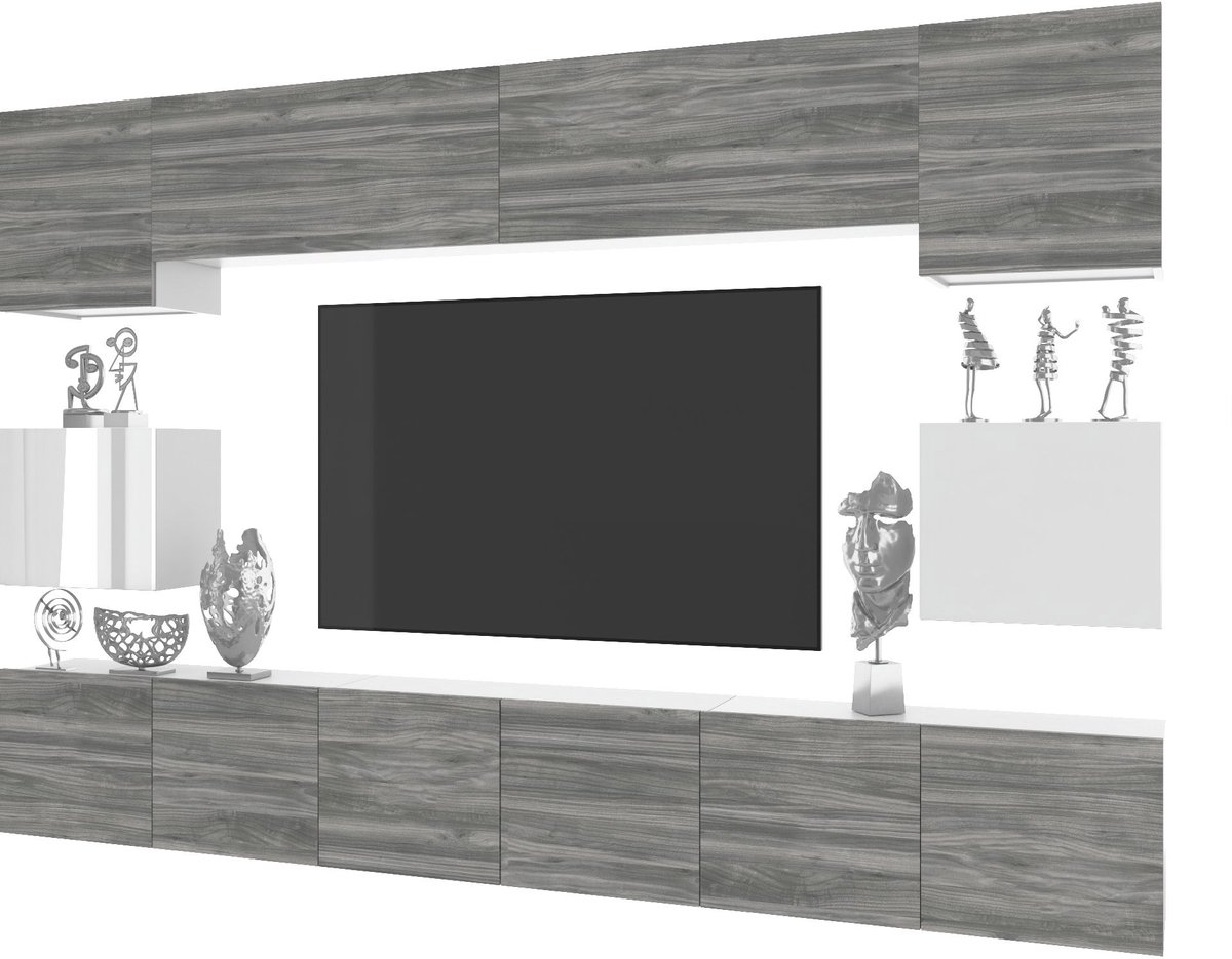 BELINI Wandmeubel Milano 3 300 cm Grijs Mat/Wit Hoogglans - TV-Wand Greeploos - Moderne Woonwand met Gasliftsysteem - Modulair TV-Meubel