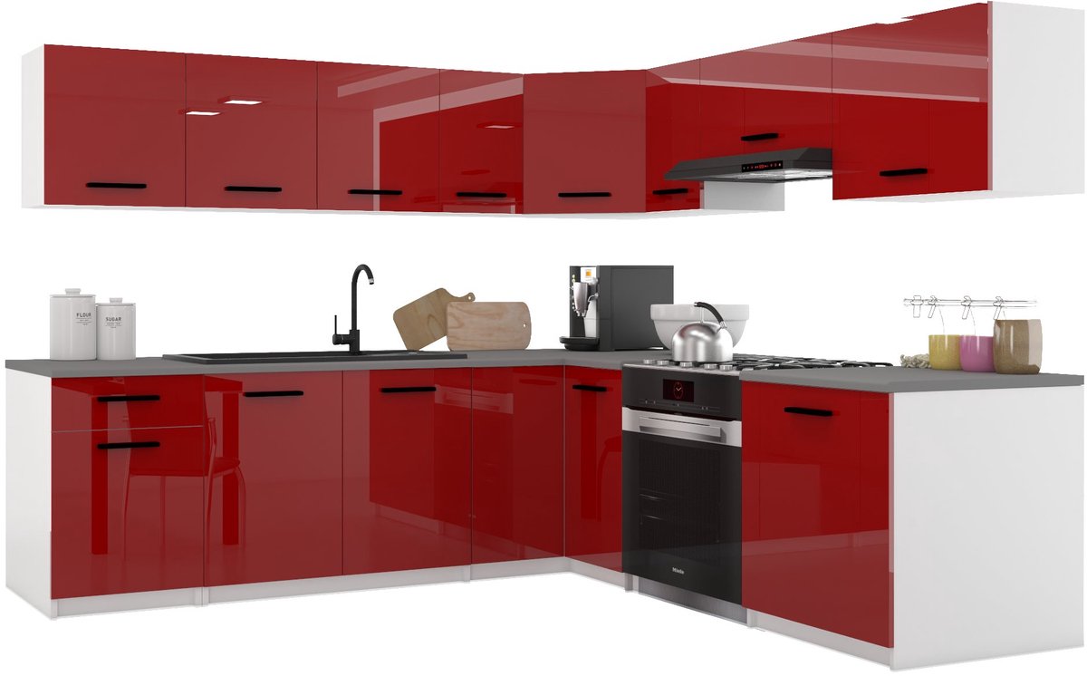 BELINI Keukenblok ITALIA 7 - Keukenmeubel Set 420 cm Rood met Werkbladen - Boven- en Onderkasten