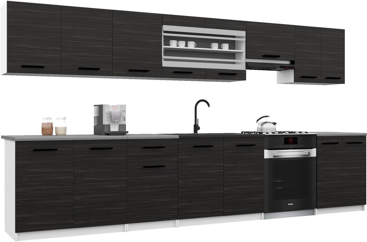 BELINI Keukenblok ITALIA 3 - Keukenmeubel Set 320 cm Ebbenhout met Werkbladen - Boven- en Onderkasten