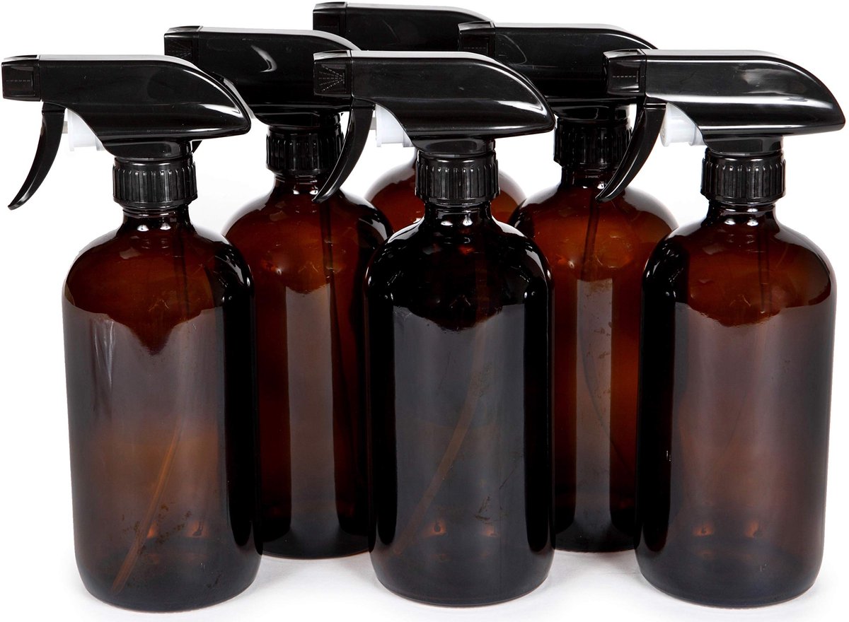 SnelShoppen - 6 Grote Lege Spuitflessen van Barnsteenkleurig Glas met Zwarte Sproeier - Herbruikbare Flessen voor Essentiële Oliën, Reinigingsproducte