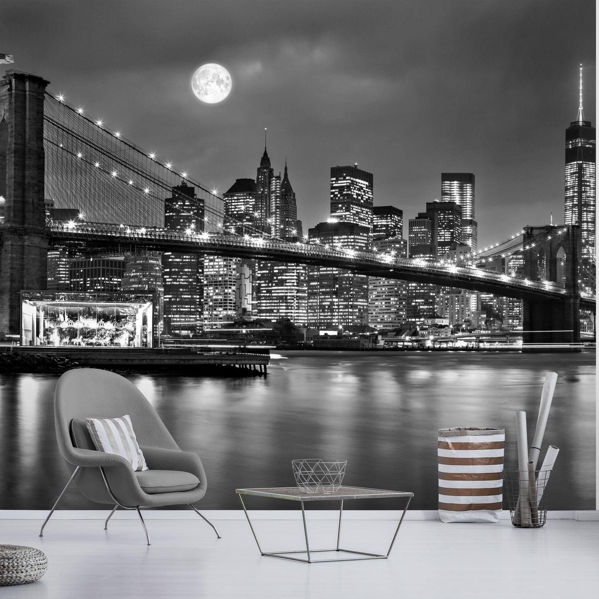SnelShoppen - Fototapet Brooklyn Bridge Nacht - Modern Non-woven Materiaal - Zwart/Wit - Perfect voor Woonkamer en Slaapkamer - 9101010b