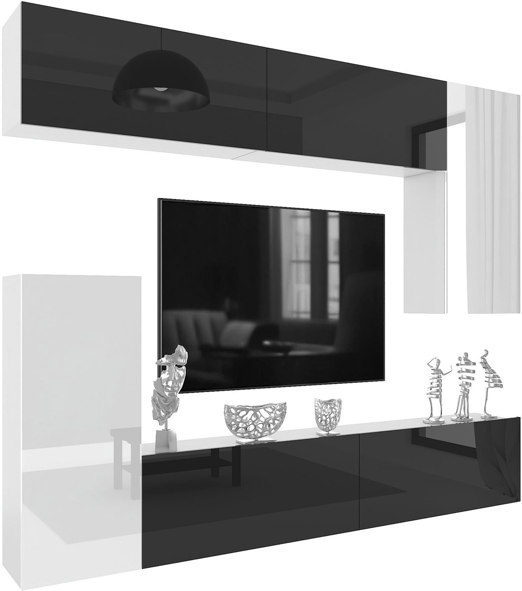 BELINI Wandmeubel Milano 8 250 cm Wit Hoogglans/Zwart Hoogglans - TV-Wand Greeploos - Moderne Woonwand met Gasliftsysteem - Modulair TV-Meubel