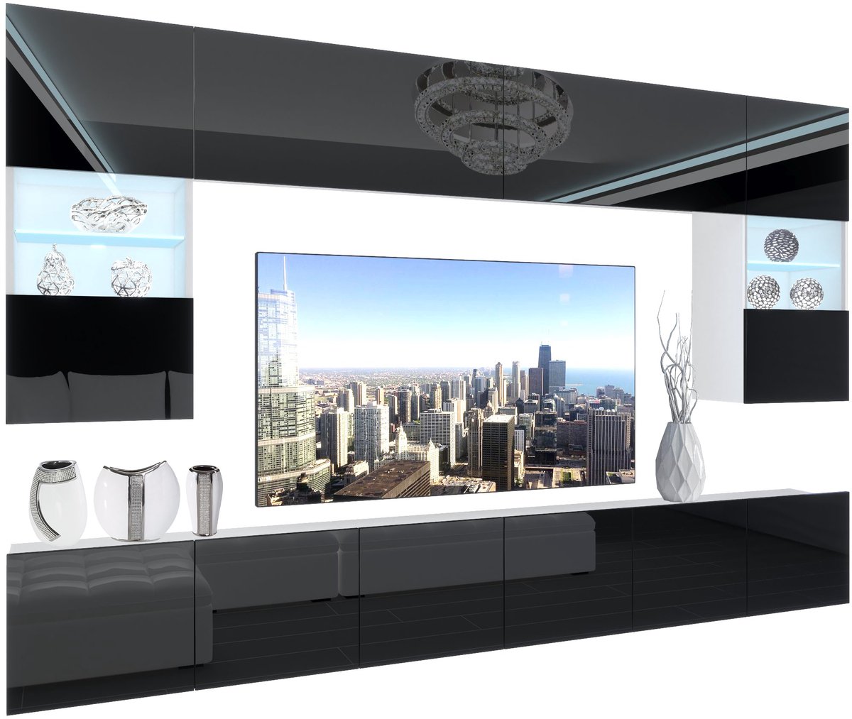 BELINI Wandmeubel NEX 1 - TV-Wandkast Set met LED-Verlichting Zwart - Hoogglans Fronten