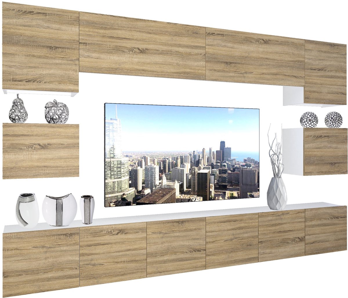 BELINI Wandmeubel NEX 3 - TV-Wandkast Set met LED-Verlichting Sonoma Eiken - Hoogglans Fronten